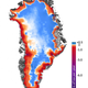 This shows the amount of ice gained or lost by Greenland between 2003 and 2019. Dark reds and purples show large rates of ice loss near the coasts. Blues show smaller rates of ice gain in the interior of the ice sheet.